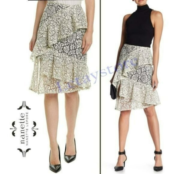 Nanette Lepore Dresses & Skirts - NWT Gorgeous NANETTE LEPORE  Lace Overlay Asymmetrical Ruffle Midi Skirt